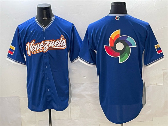 Venezuela Baseball Blue 2026 World Baseball Classic Big Logo Road Stadium Stitched Baseball Jersey - Main View