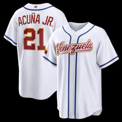 Venezuela Baseball #21 Ronald Acu?a Jr. 2026 World Baseball Classic Home Stadium Jersey - White Baseball Jersey Tailgate Goods - Main View