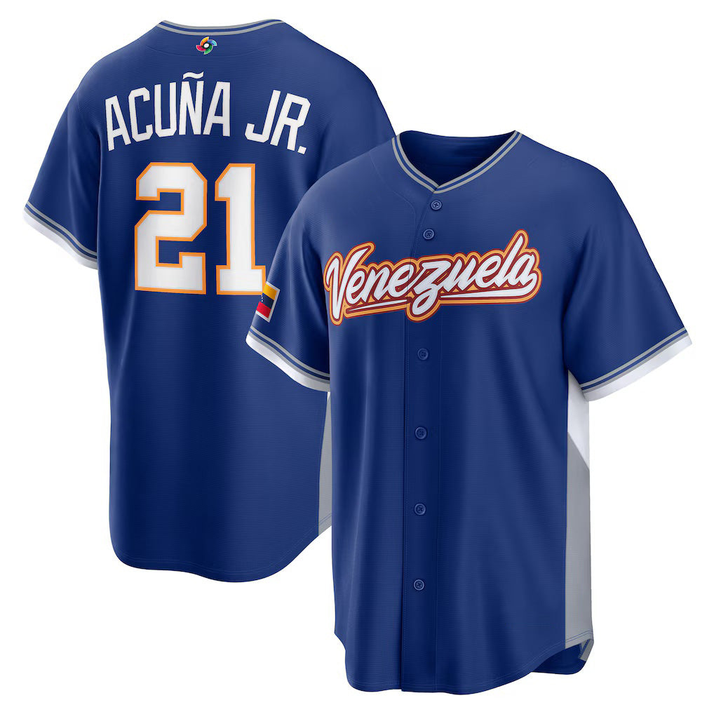 Venezuela Baseball #21 Ronald Acuña Jr. 2026 World Baseball Classic Road Stadium Jersey - Royal Baseball Jersey Tailgate Goods - Main View