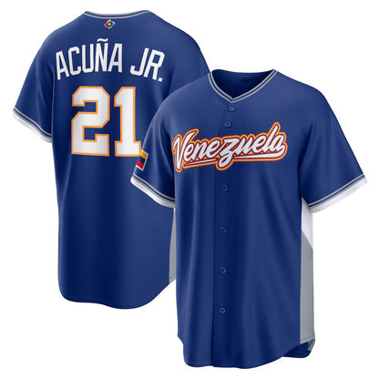 Venezuela Baseball #21 Ronald Acuña Jr. 2026 World Baseball Classic Road Stadium Jersey - Royal Baseball Jersey Tailgate Goods - Main View