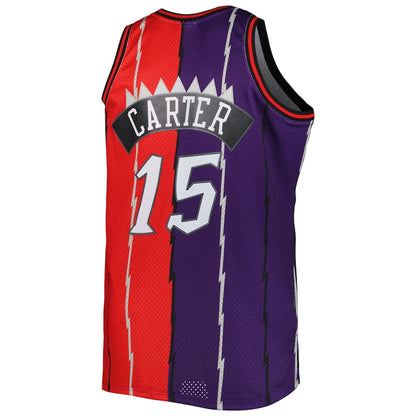 T.Raptors #15 Vince Carter Mitchell & Ness Big & Tall Hardwood Classics 1998-99 Split Swingman Jersey PurpleRed Stitched American Basketball Jersey - Main View