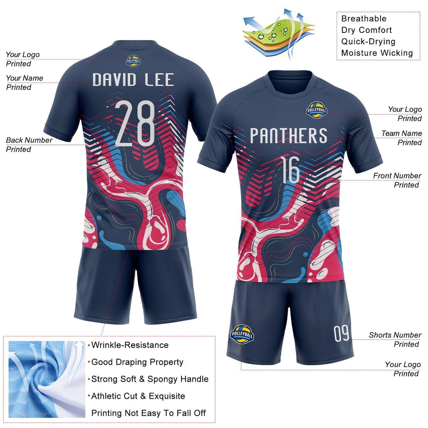 Custom Navy White Fluid Sublimation Volleyball Uniform Jersey view 4