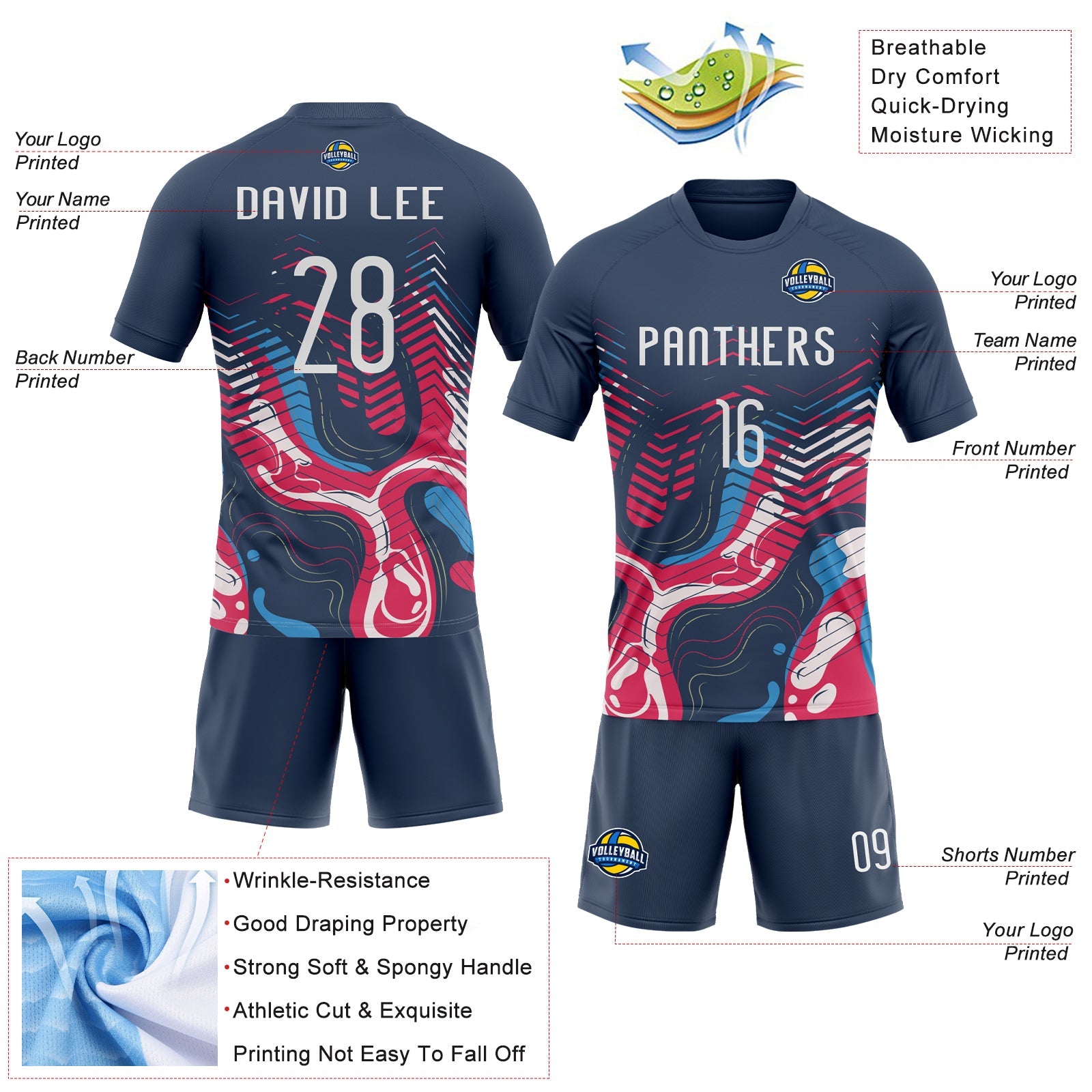 Custom Navy White Fluid Sublimation Volleyball Uniform Jersey view 4