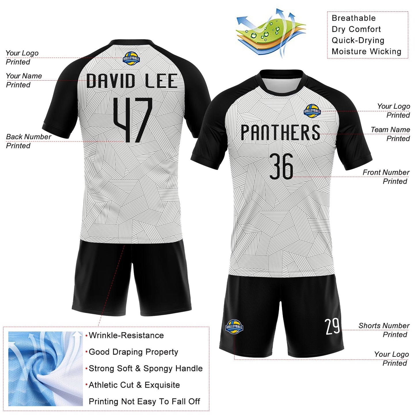 Custom White Black Abstract Line Sublimation Volleyball Uniform Jersey view 4