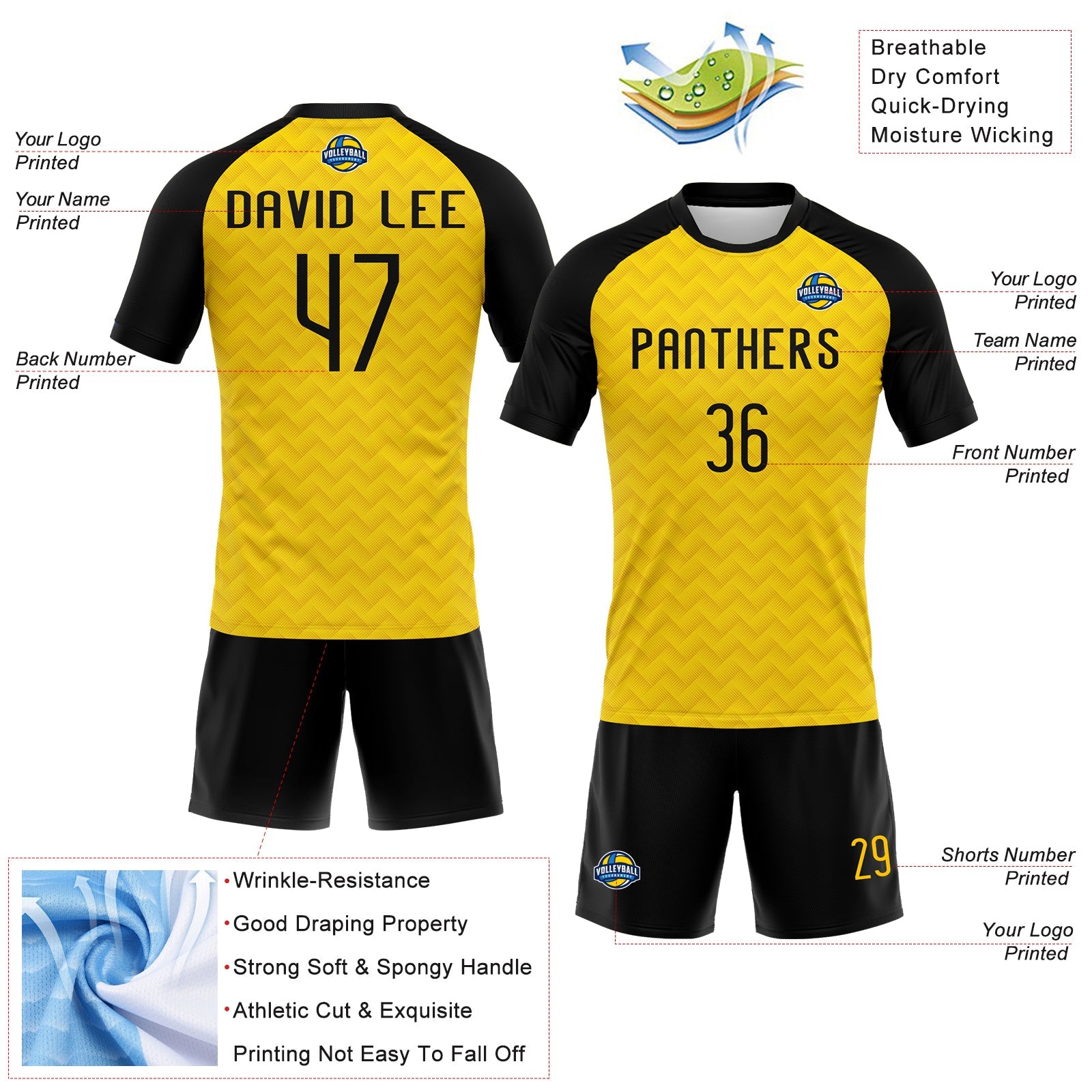 Custom Yellow Black Geometric Shape Sublimation Volleyball Uniform Jersey view 4