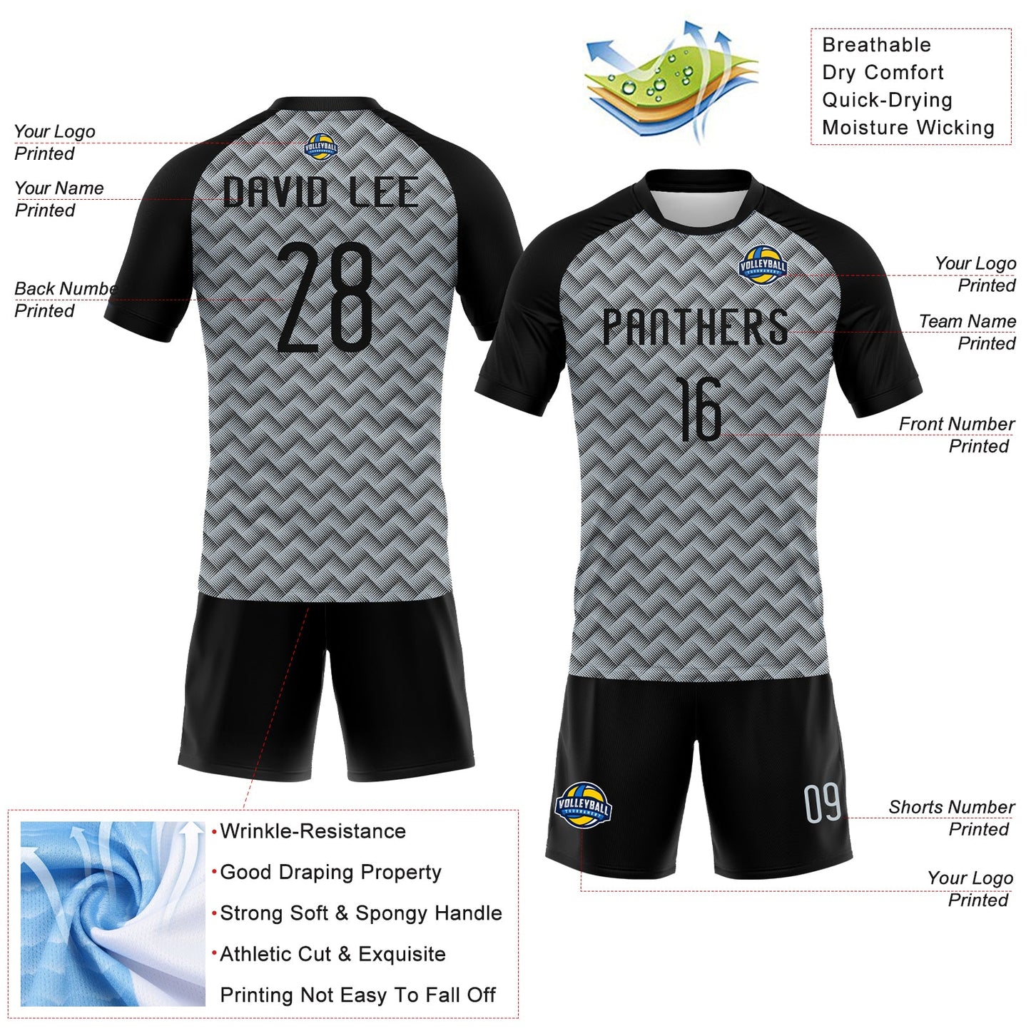 Custom Silver Black Geometric Shape Sublimation Volleyball Uniform Jersey view 4