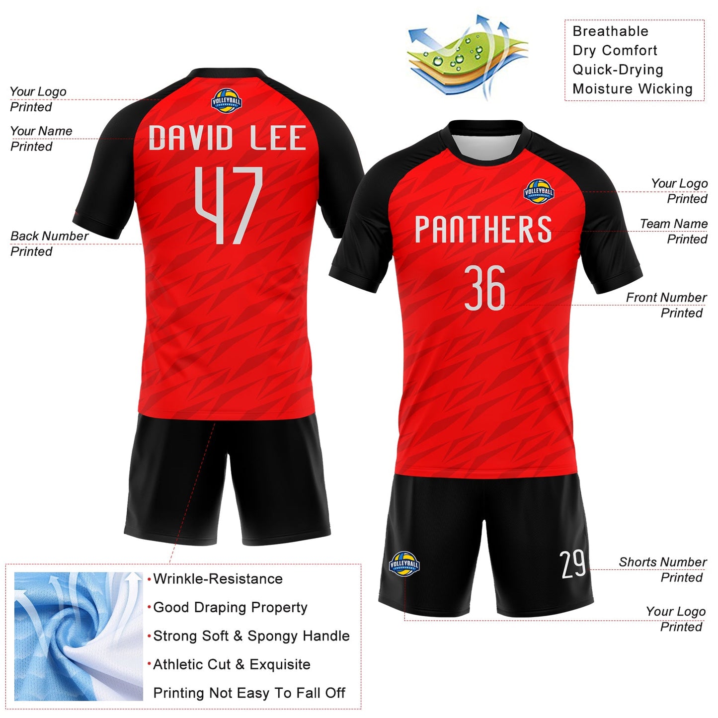 Custom Red White-Black Sublimation Volleyball Uniform Jersey view 4