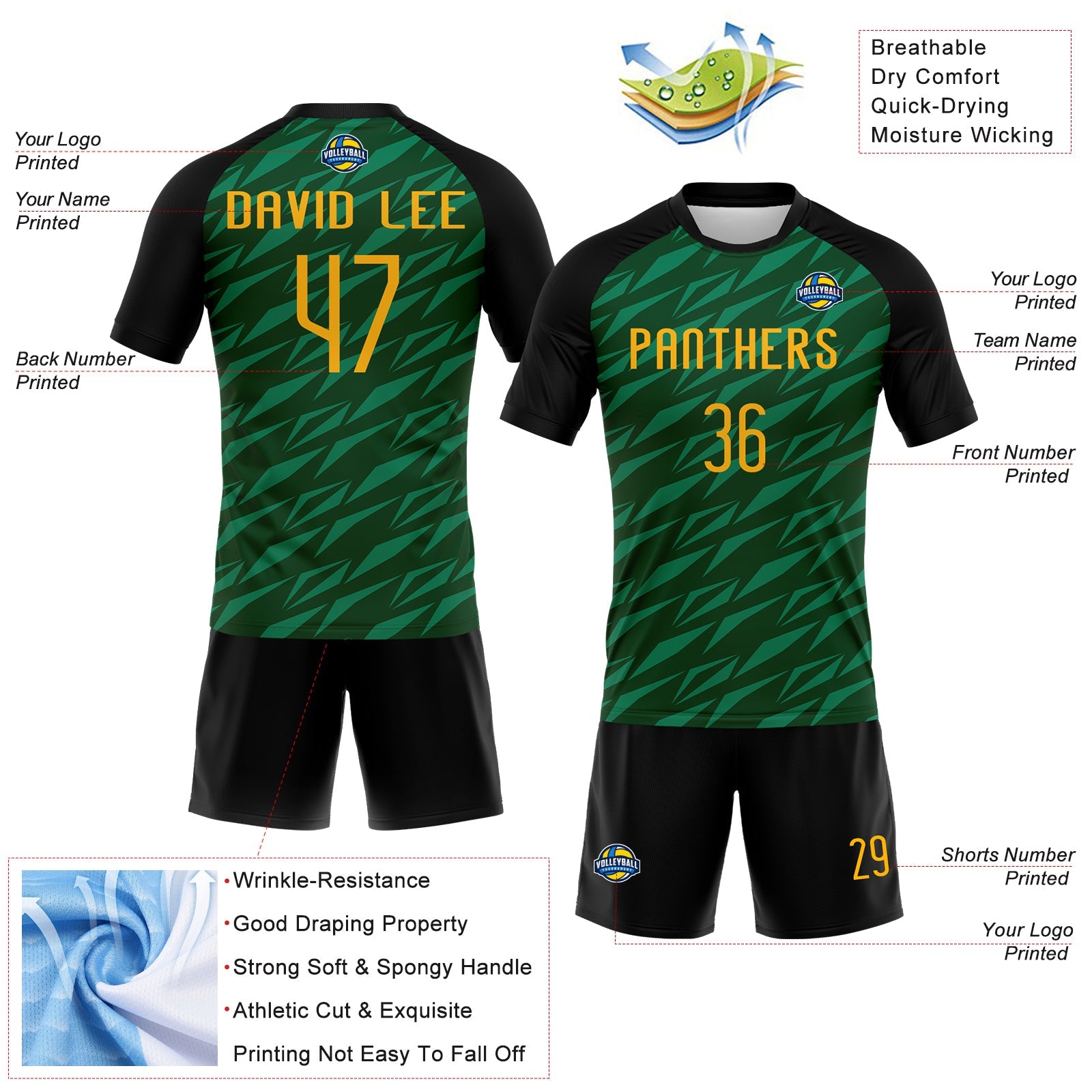 Custom Green Gold-Black Geometric Shape Sublimation Volleyball Uniform Jersey view 4