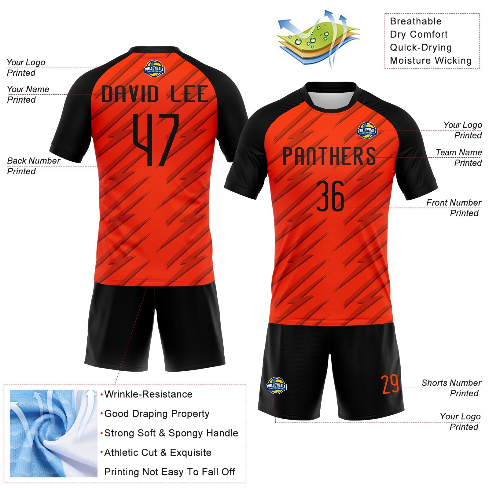 Custom Orange Black Line Sublimation Volleyball Uniform Jersey view 4