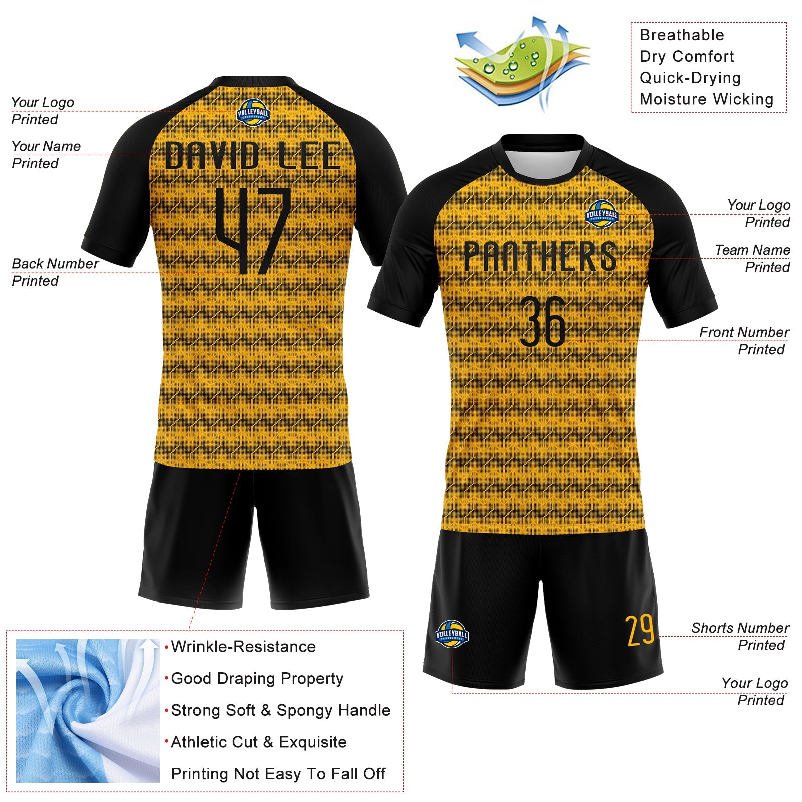 Custom Gold Black Geometric Shape Sublimation Volleyball Uniform Jersey view 4
