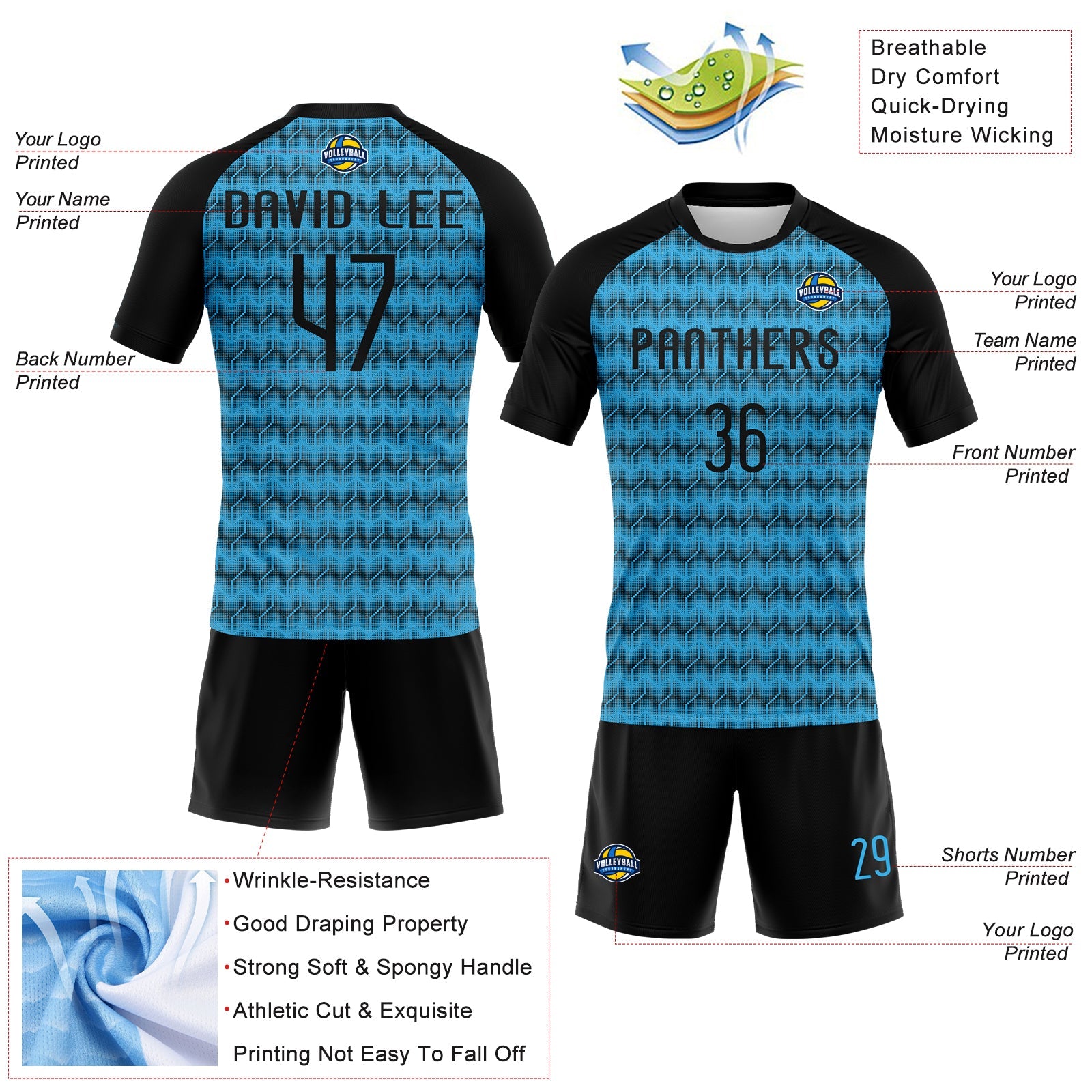 Custom Sky Blue Black Geometric Shape Sublimation Volleyball Uniform Jersey view 4