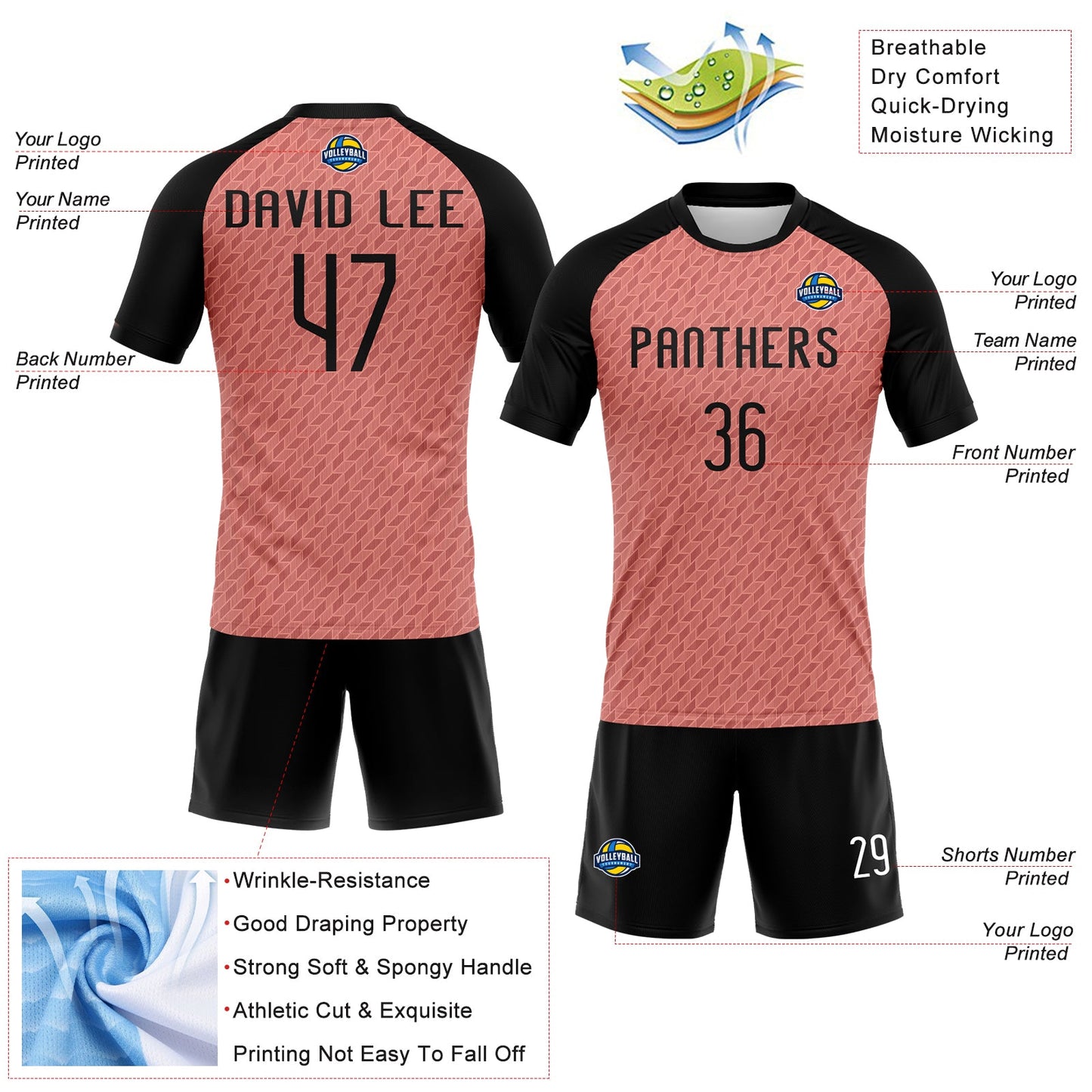 Custom Light Pink Black-White Geometric Shape Sublimation Volleyball Uniform Jersey view 4