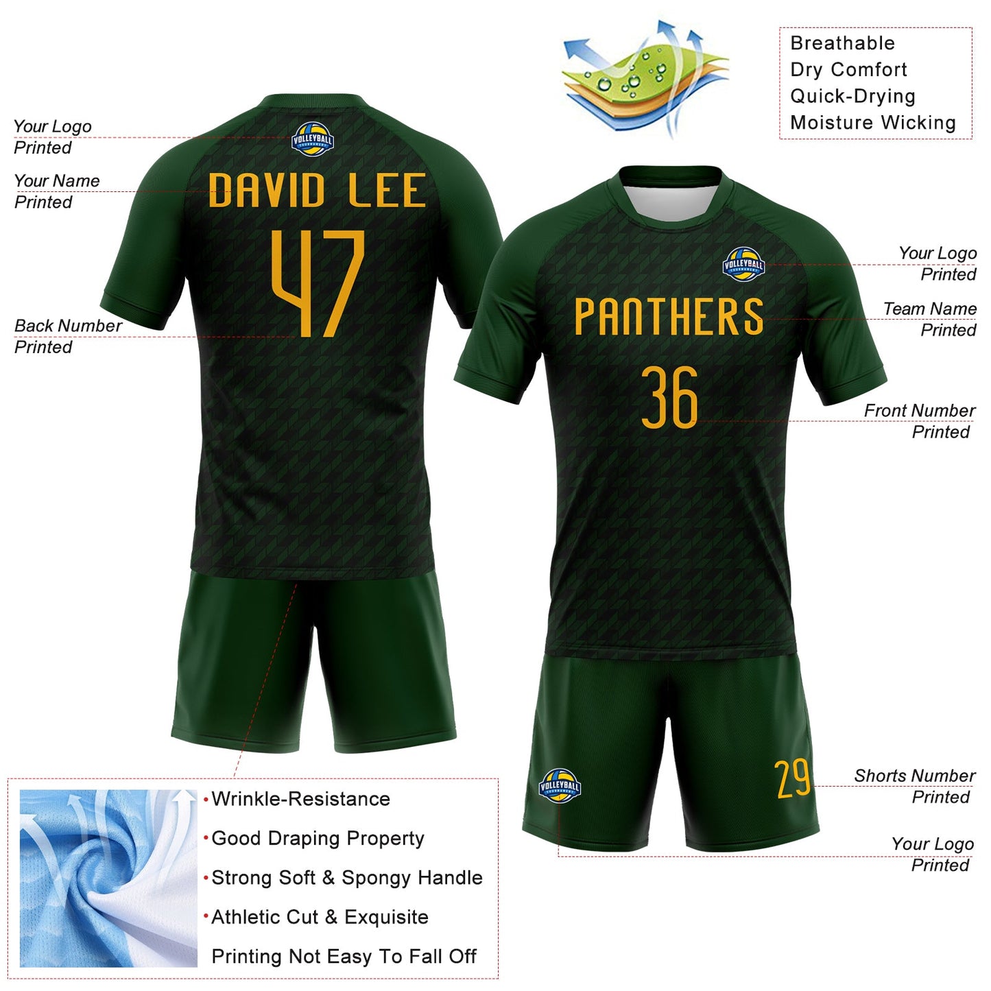 Custom Green Gold Geometric Shape Sublimation Volleyball Uniform Jersey view 4