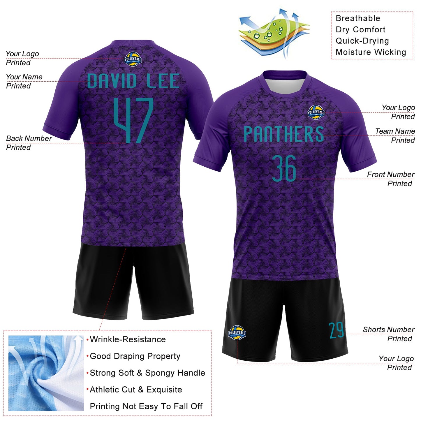 Custom Purple Teal-Black Geometric Shape Sublimation Volleyball Uniform Jersey view 4