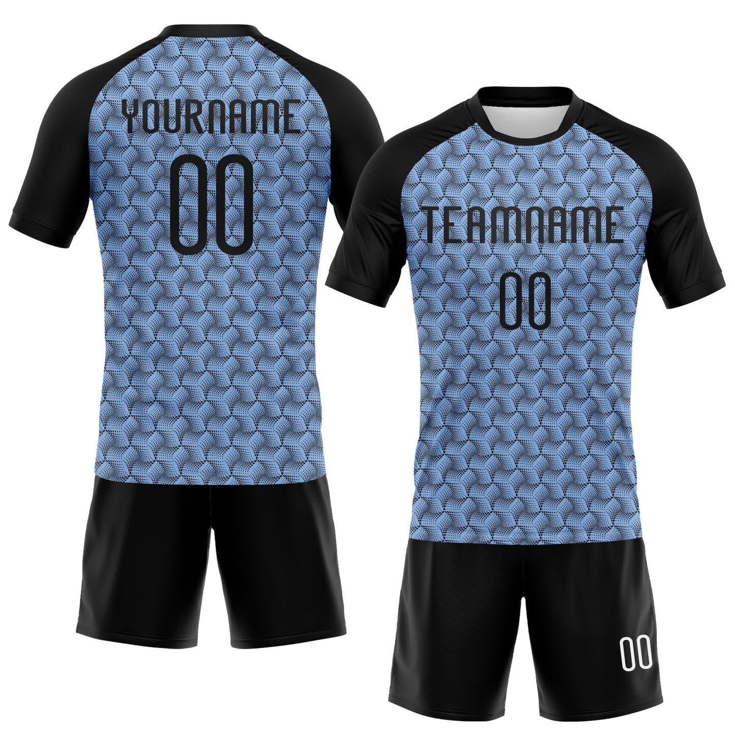Custom Light Blue Black-White Geometric Shape Sublimation Volleyball Uniform Jersey view 2