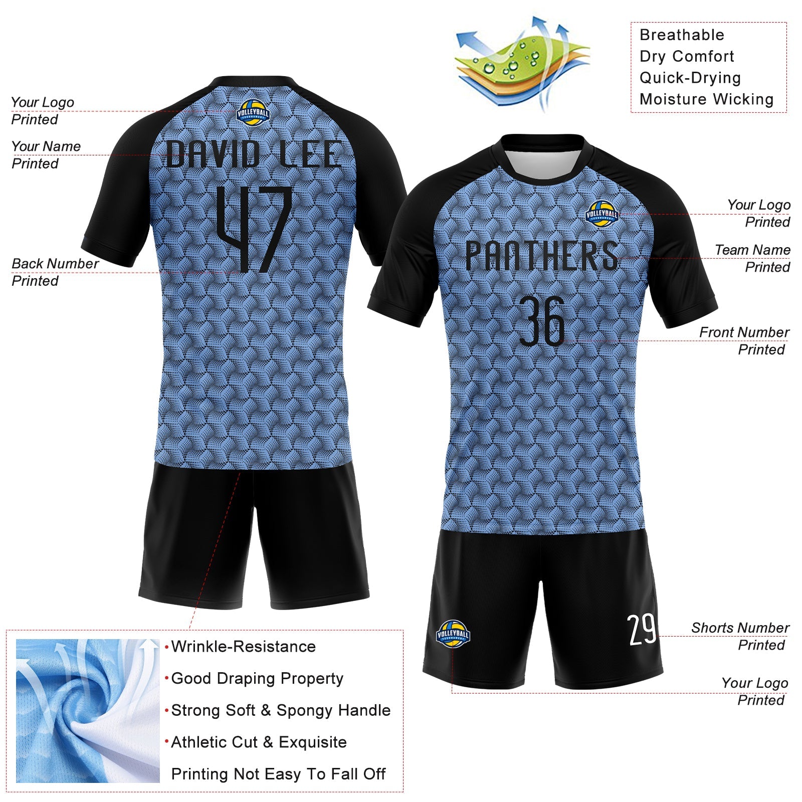 Custom Light Blue Black-White Geometric Shape Sublimation Volleyball Uniform Jersey view 4