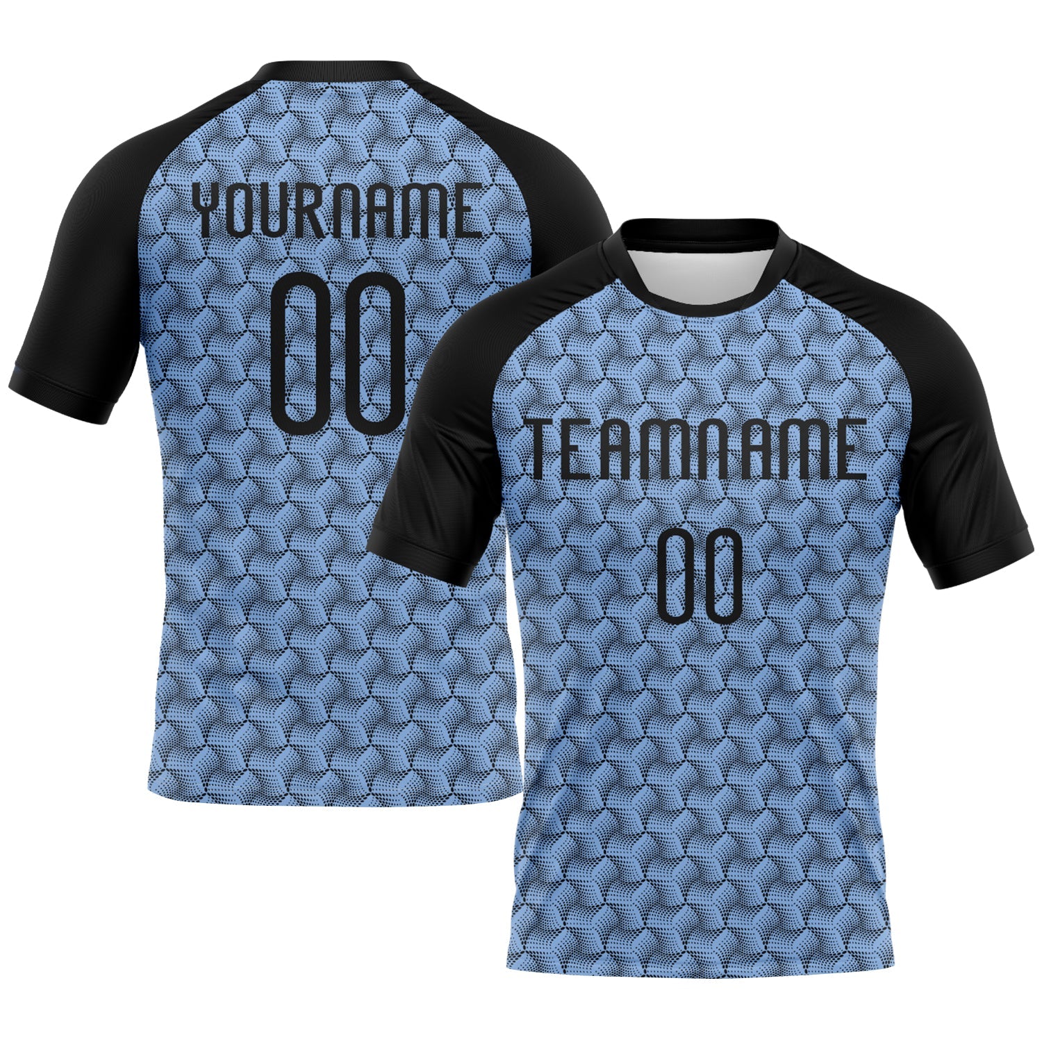 Custom Light Blue Black-White Geometric Shape Sublimation Volleyball Uniform Jersey - Main View