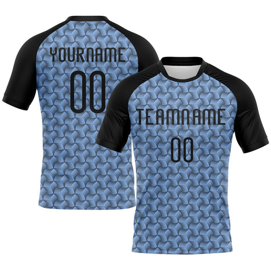 Custom Light Blue Black-White Geometric Shape Sublimation Volleyball Uniform Jersey - Main View