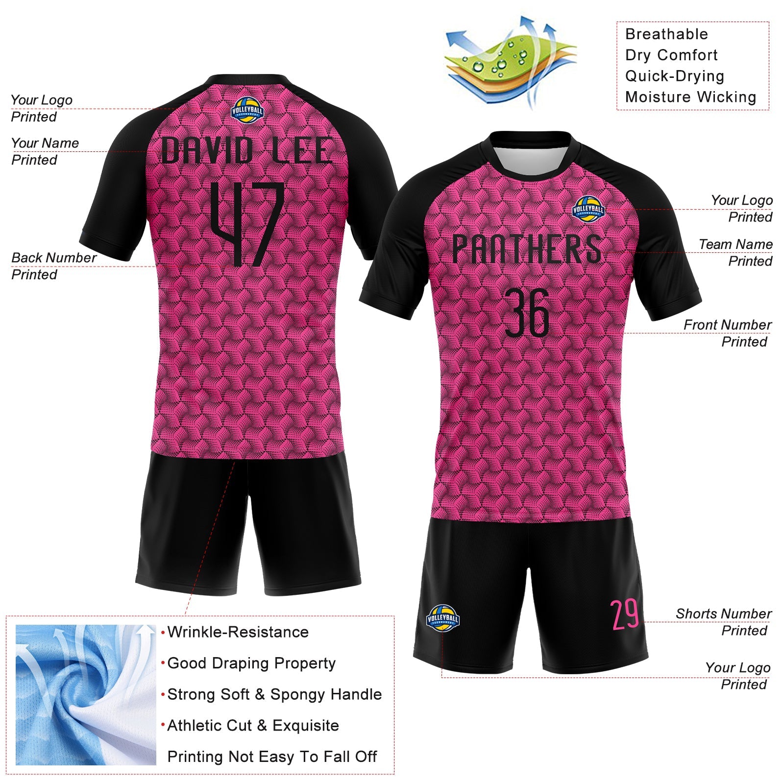 Custom Pink Black Geometric Shape Sublimation Volleyball Uniform Jersey view 4