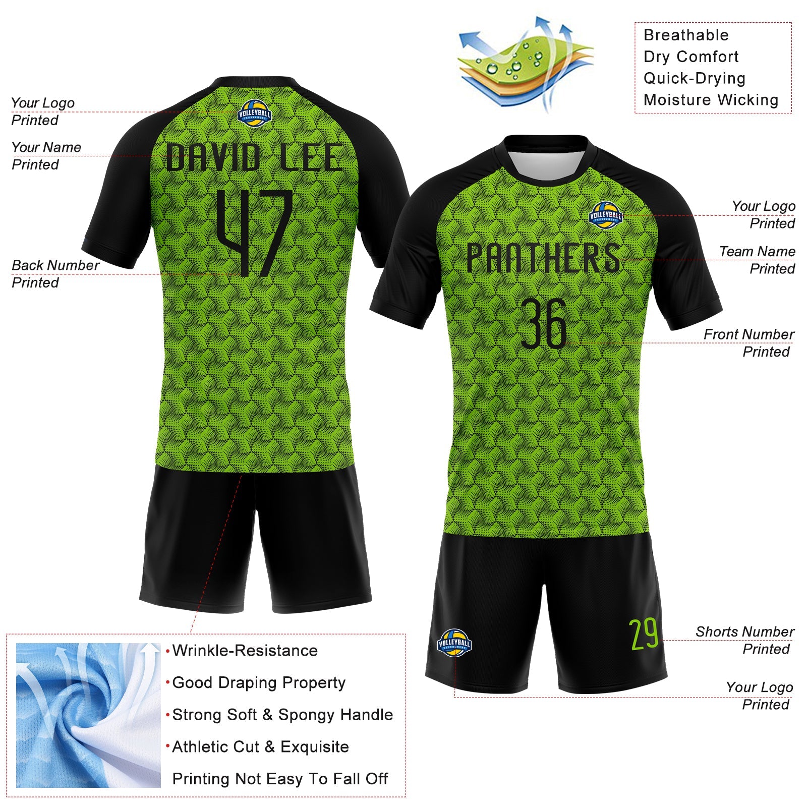 Custom Neon Green Black Geometric Shape Sublimation Volleyball Uniform Jersey view 4