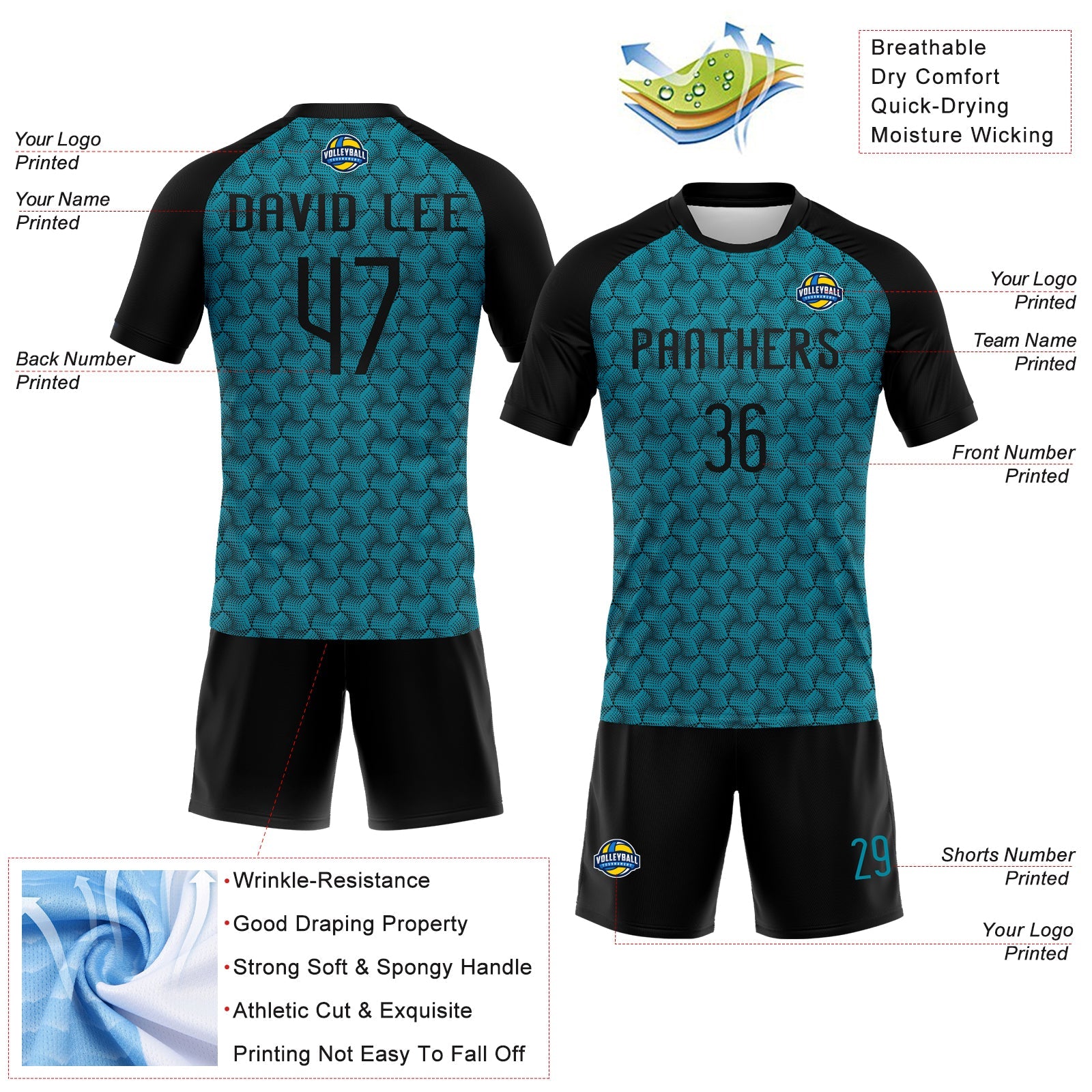 Custom Teal Black Geometric Shape Sublimation Volleyball Uniform Jersey view 4