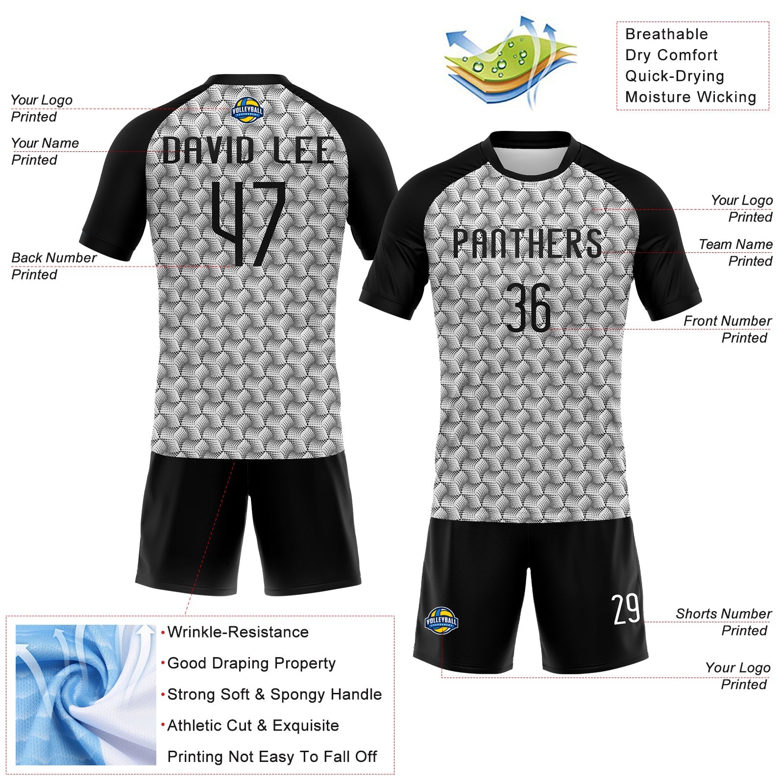 Custom White Black Geometric Shape Sublimation Volleyball Uniform Jersey view 4