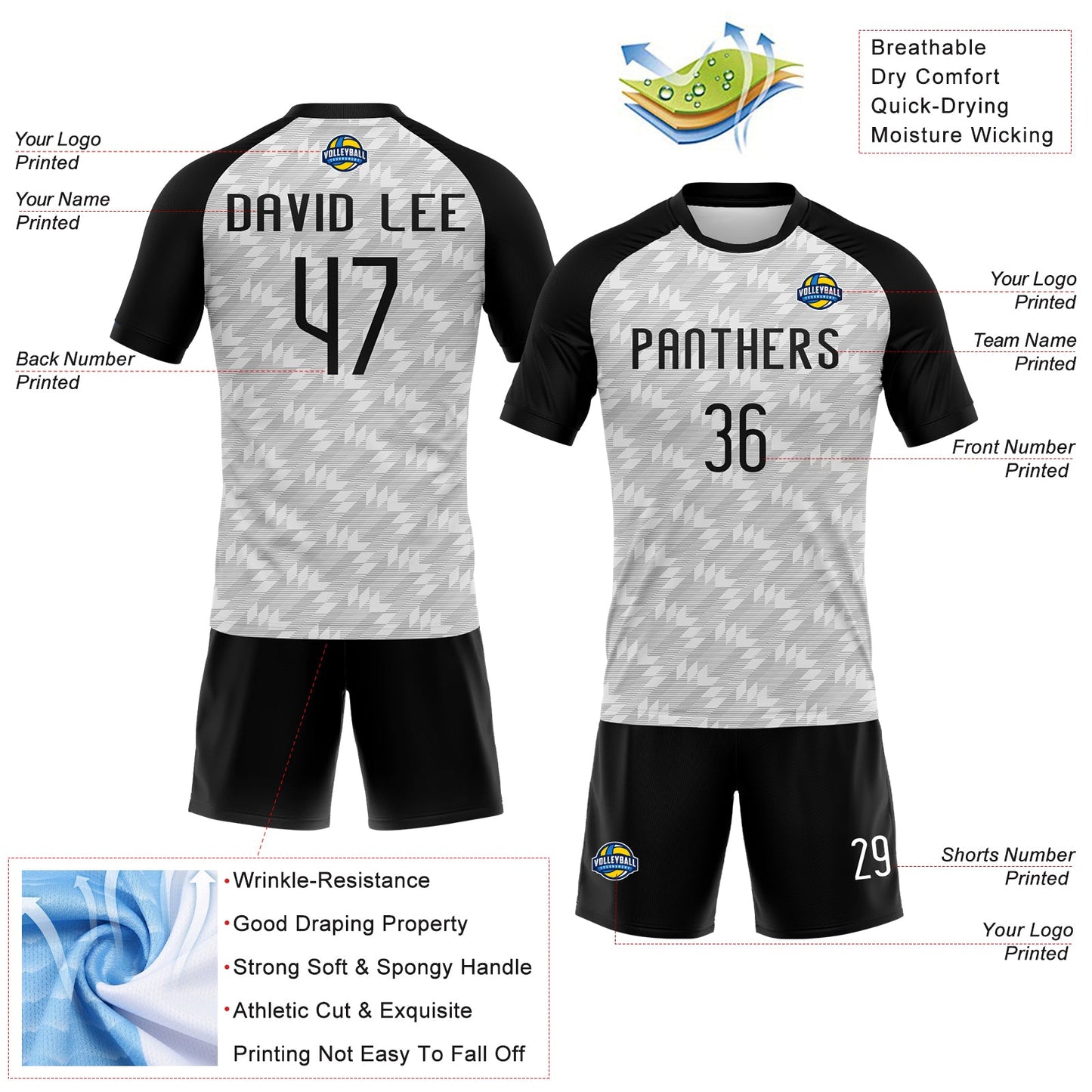 Custom White Black Geometric Shape Sublimation Volleyball Uniform Jersey view 4