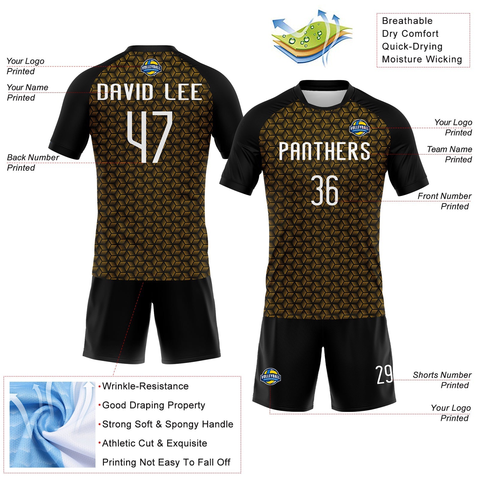 Custom Gold White-Black Geometric Shape Sublimation Volleyball Uniform Jersey view 4