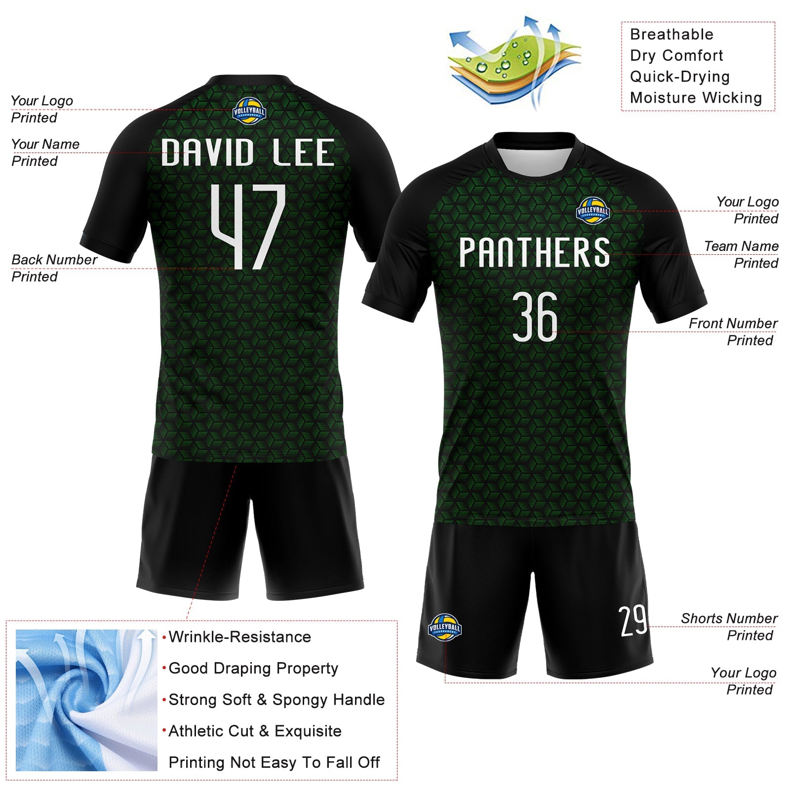 Custom Grass Green White-Black Geometric Shape Sublimation Volleyball Uniform Jersey view 4