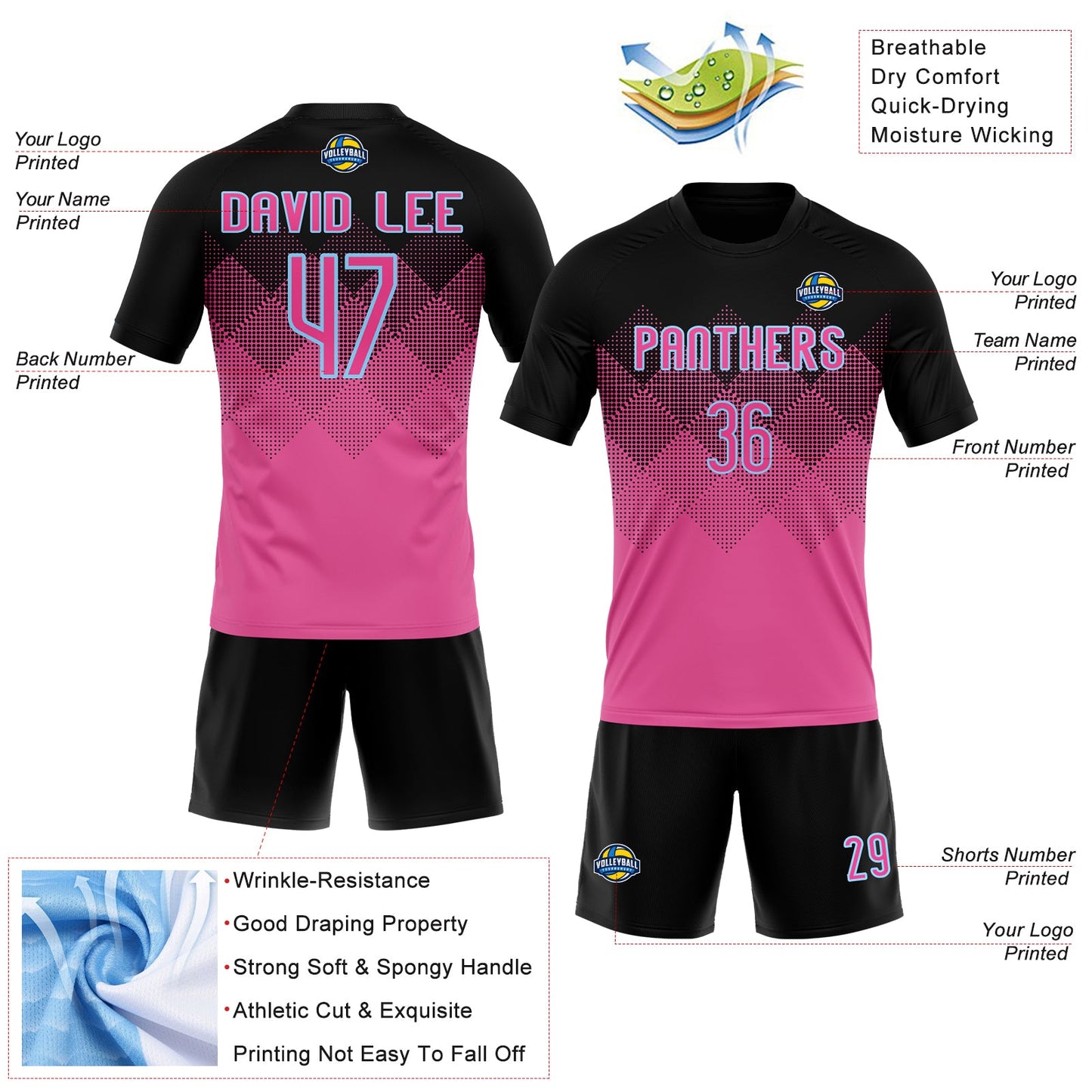 Custom Pink Black-Light Blue Geometric Shape Sublimation Volleyball Uniform Jersey view 4