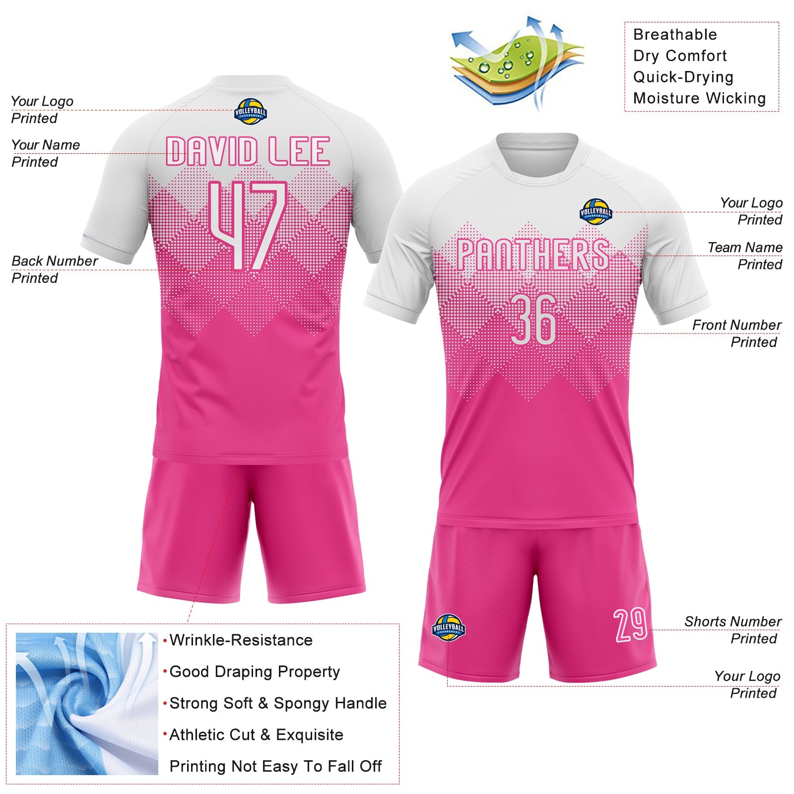 Custom Pink White Geometric Shape Sublimation Volleyball Uniform Jersey view 4