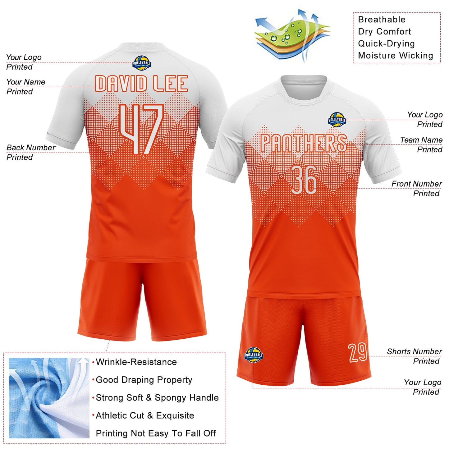 Custom Orange White Geometric Shape Sublimation Volleyball Uniform Jersey view 4