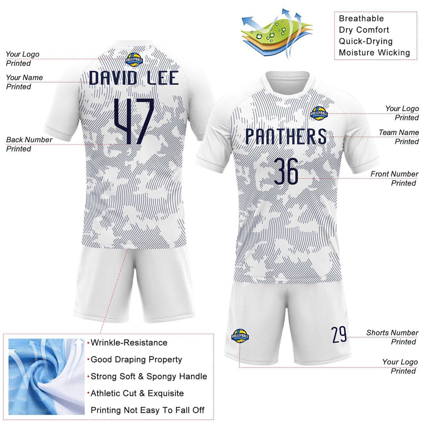 Custom White Navy Curve Lines Sublimation Volleyball Uniform Jersey view 4