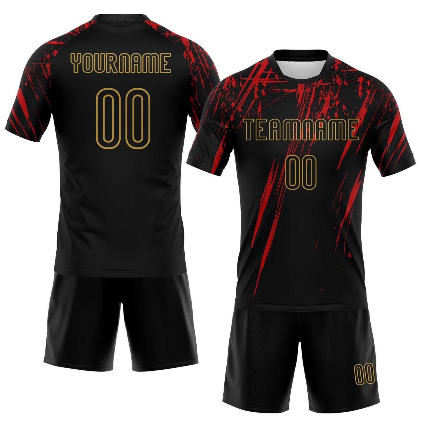 Custom Black Red-Old Gold Splash Sublimation Volleyball Uniform Jersey view 2