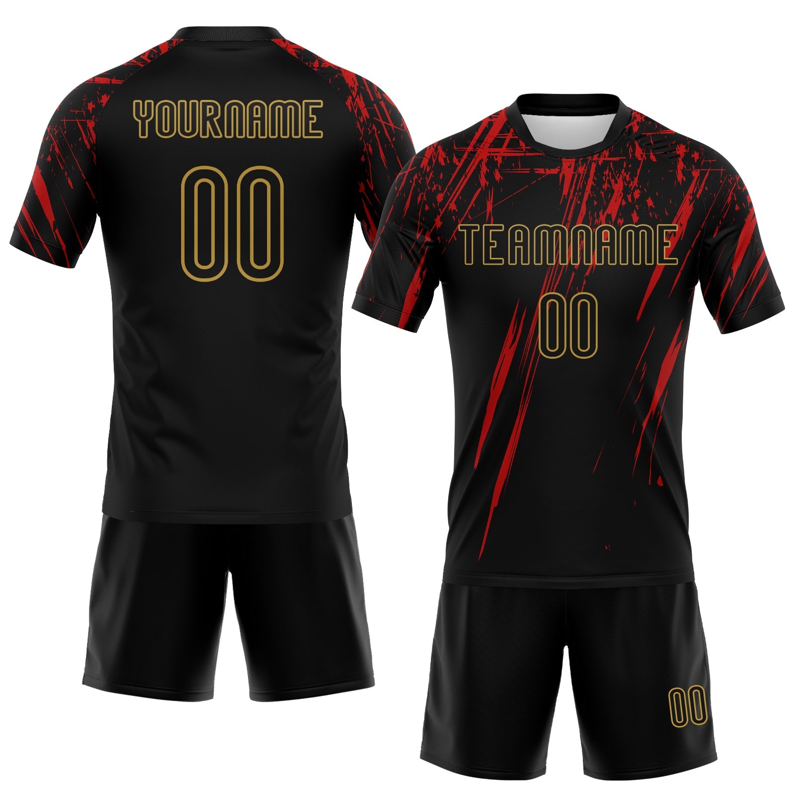 Custom Black Red-Old Gold Splash Sublimation Volleyball Uniform Jersey view 2