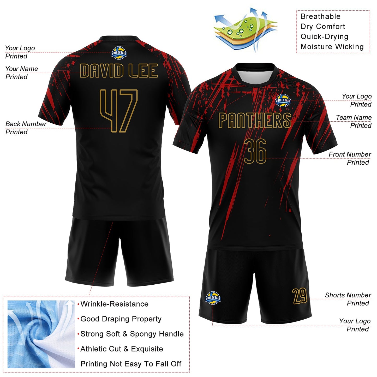 Custom Black Red-Old Gold Splash Sublimation Volleyball Uniform Jersey view 4
