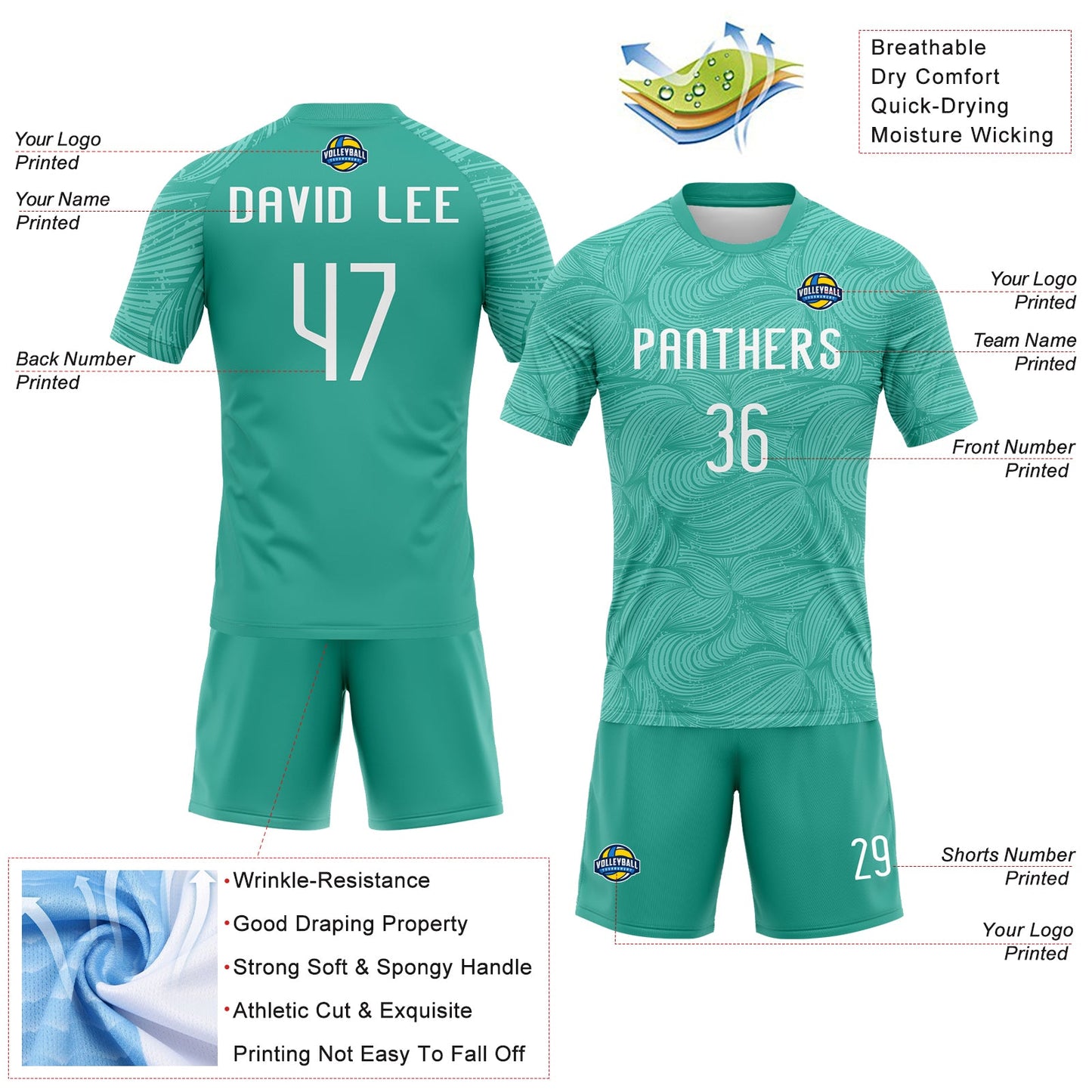 Custom Aqua White Lines Sublimation Volleyball Uniform Jersey view 4