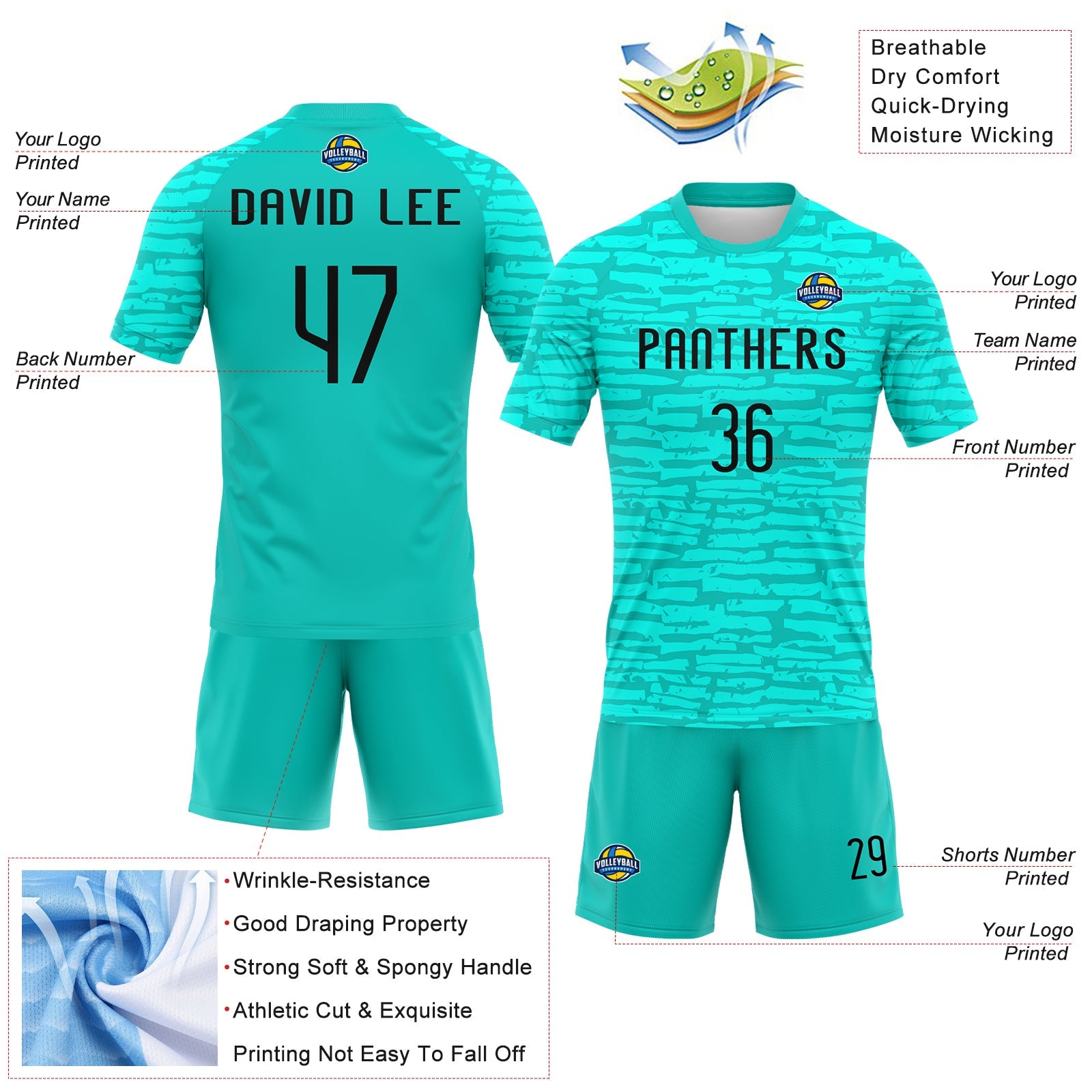 Custom Aqua Black Abstract Fragment Art Sublimation Volleyball Uniform Jersey view 4