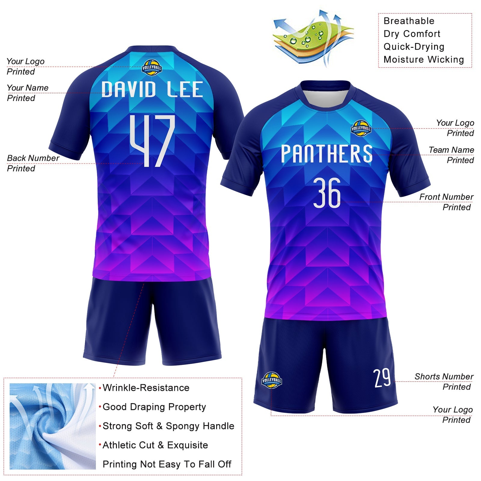 Custom Royal White-Pink Geometric Shape Sublimation Volleyball Uniform Jersey view 4
