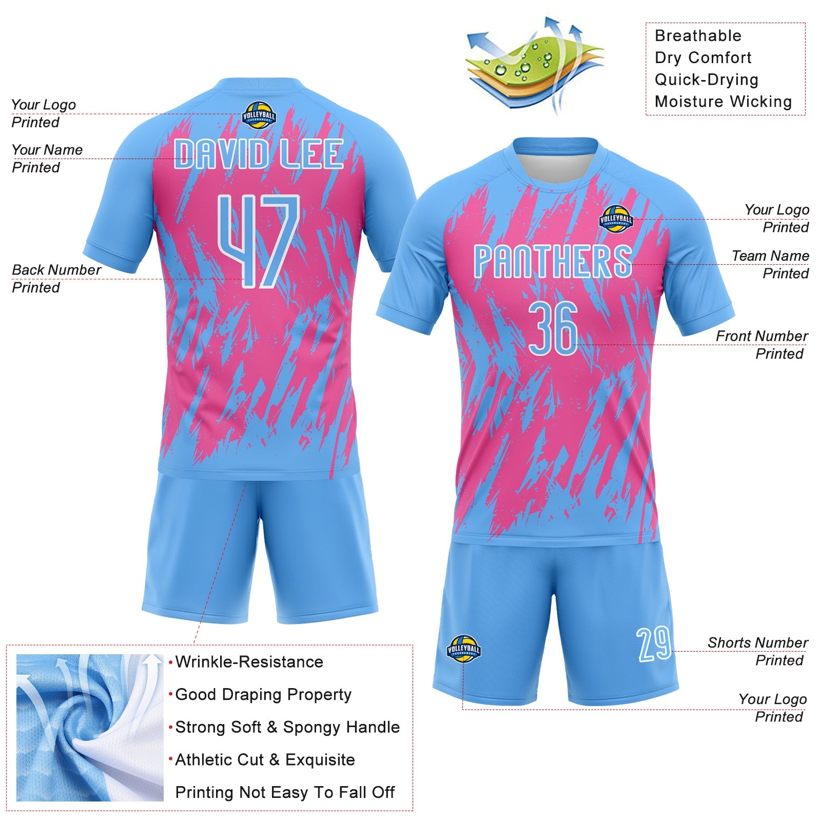 Custom Powder Blue Pink-White Splash Sublimation Volleyball Uniform Jersey view 4