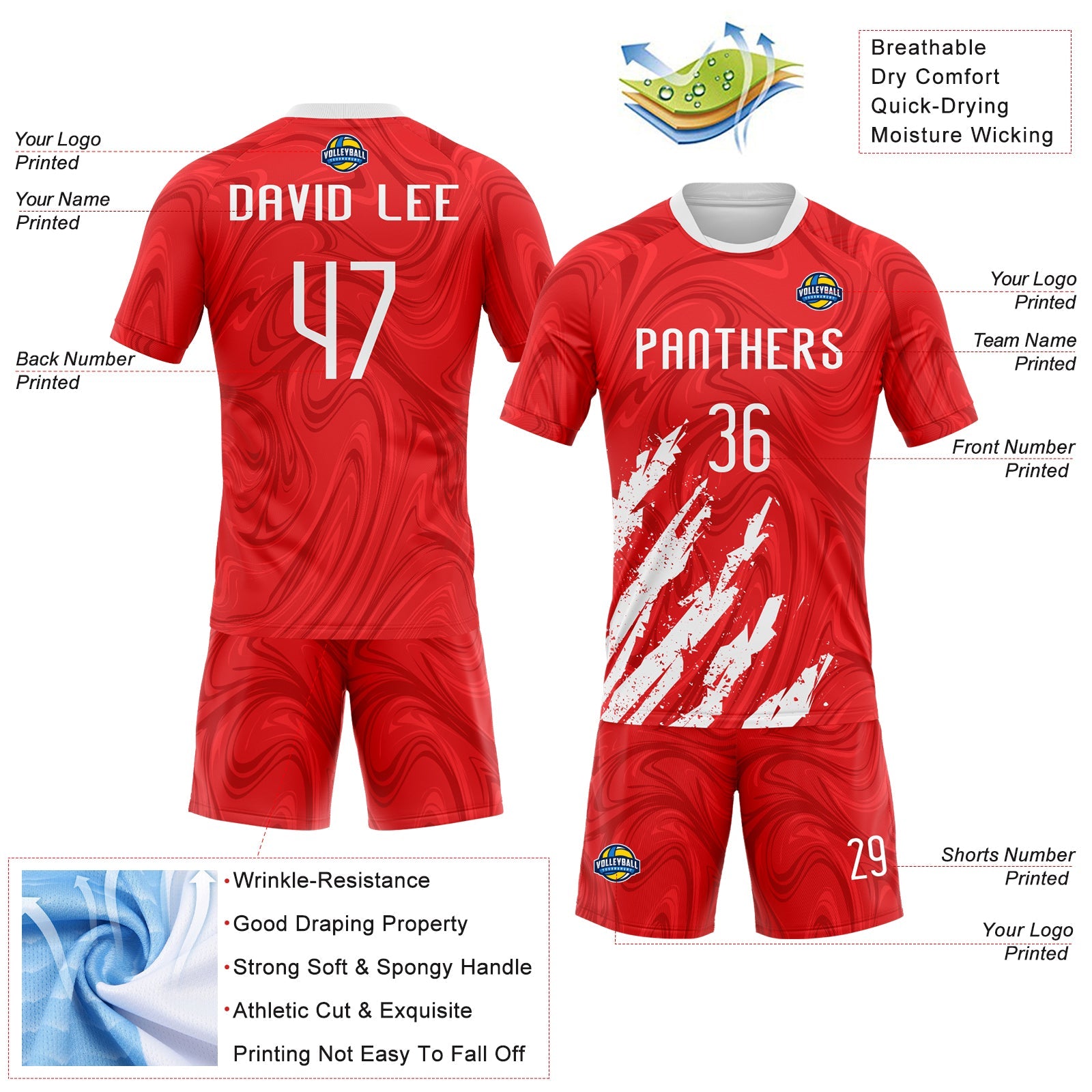 Custom Red White Abstract Fragment Art Sublimation Volleyball Uniform Jersey view 4