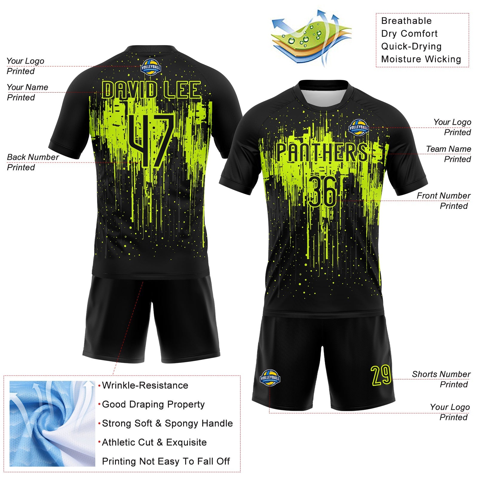 Custom Black Neon Green Dripping Splatter Art Sublimation Volleyball Uniform Jersey view 4