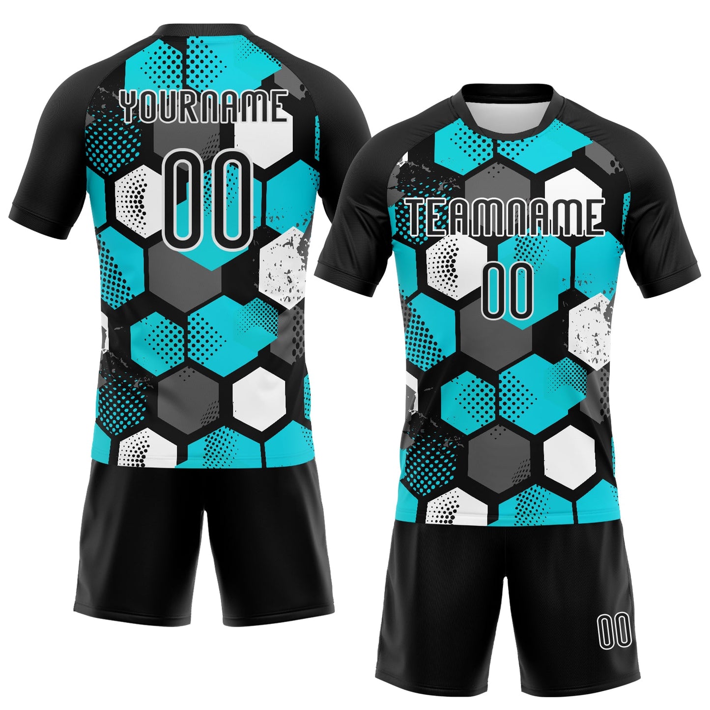 Custom Black Aqua-White Geometric Shape Sublimation Volleyball Uniform Jersey view 2