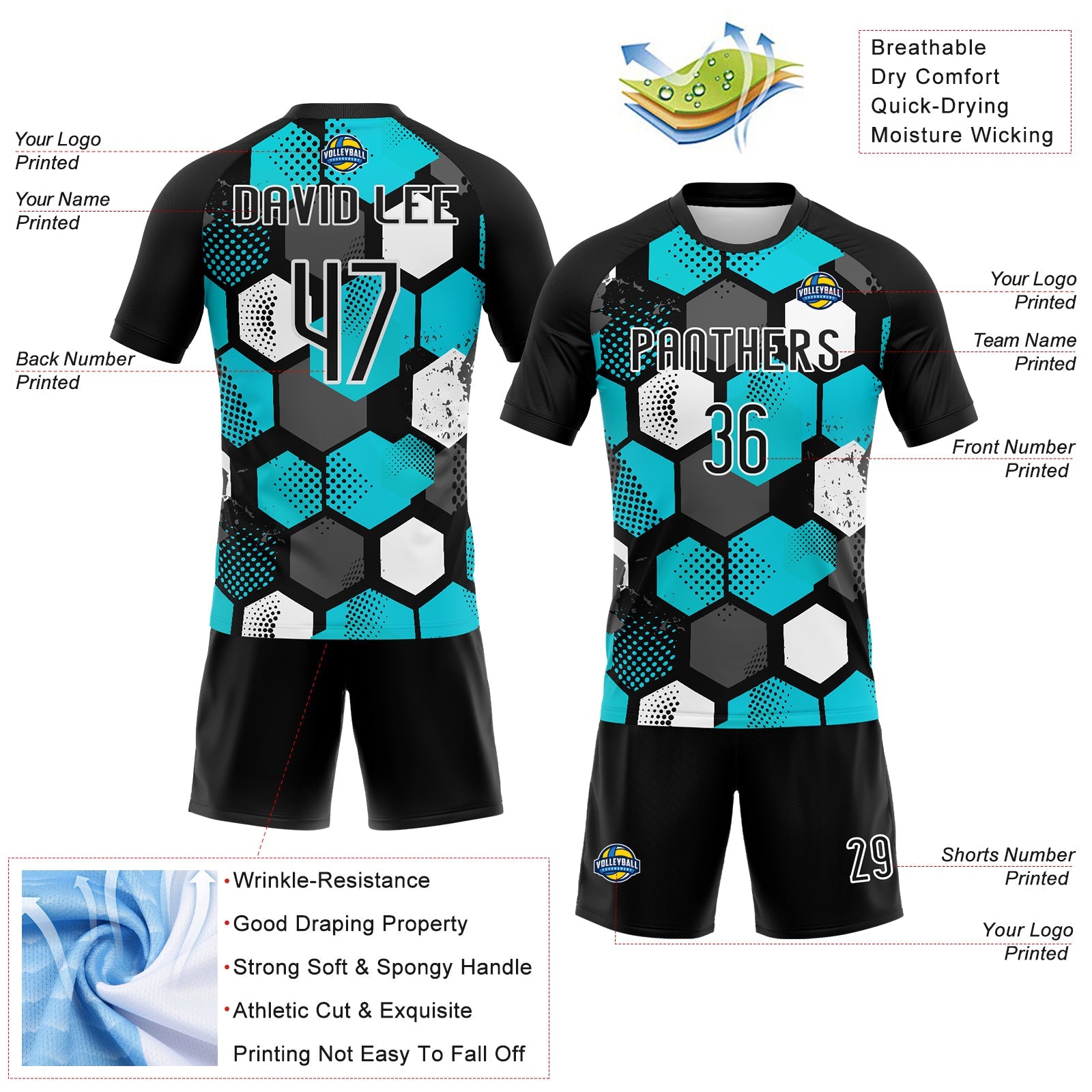 Custom Black Aqua-White Geometric Shape Sublimation Volleyball Uniform Jersey view 4