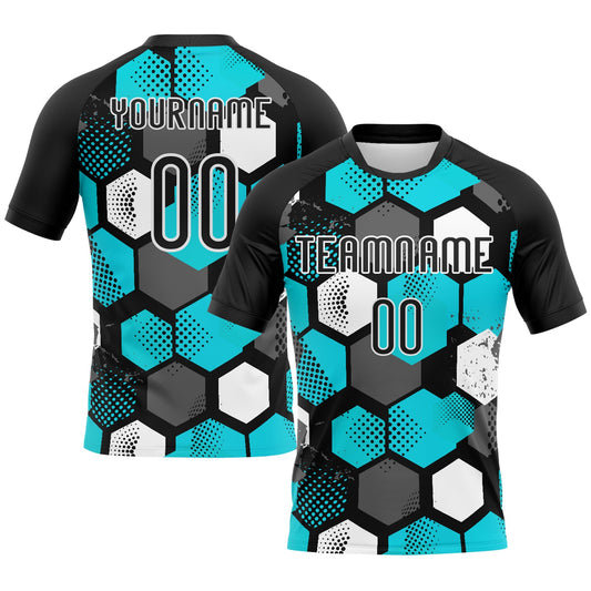 Custom Black Aqua-White Geometric Shape Sublimation Volleyball Uniform Jersey - Main View
