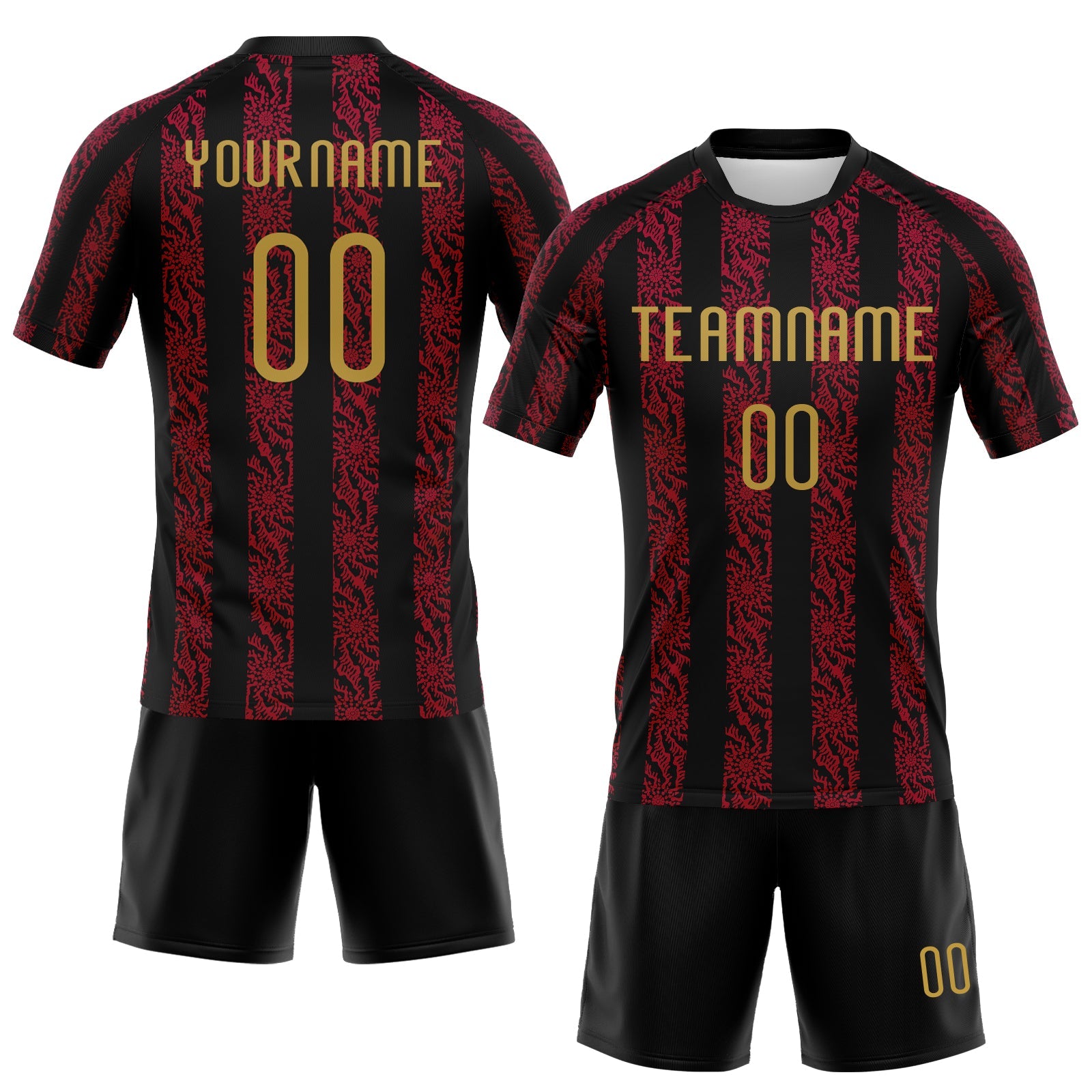 Custom Black Old Gold-Red Abstract Shape Sublimation Volleyball Uniform Jersey view 2