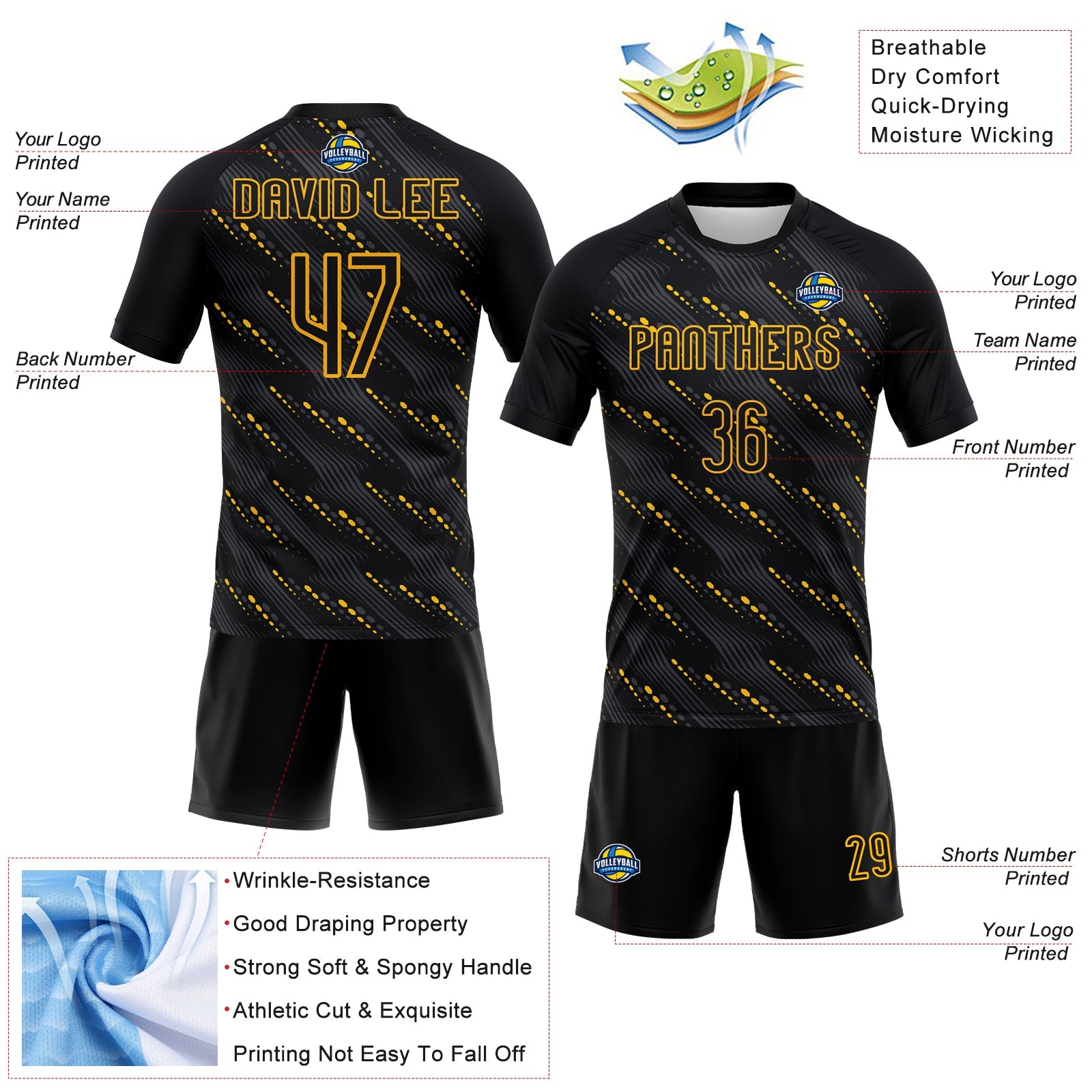 Custom Black Gold Geometric Shape Sublimation Volleyball Uniform Jersey view 4
