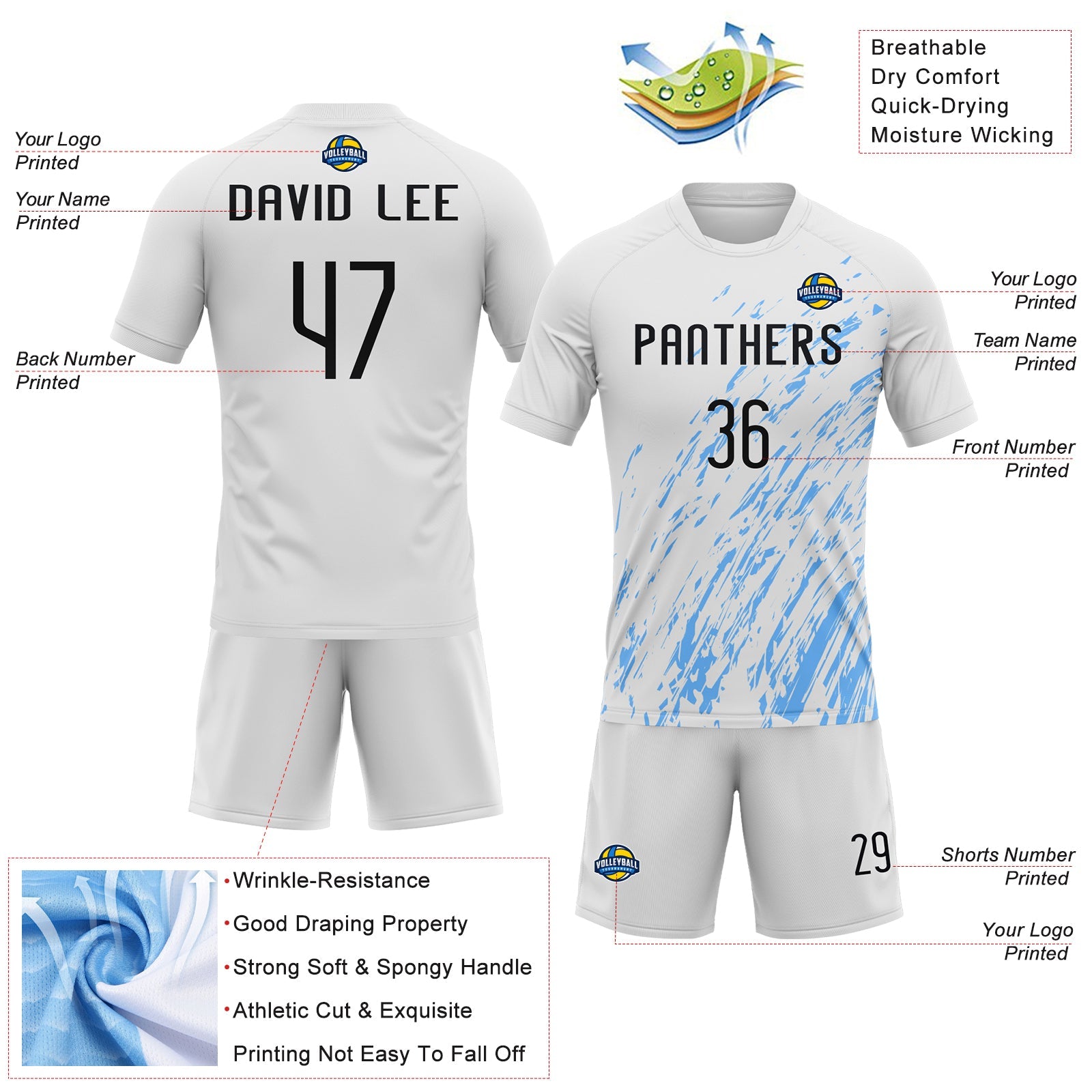 Custom White Black-Light Blue Splash Sublimation Volleyball Uniform Jersey view 4