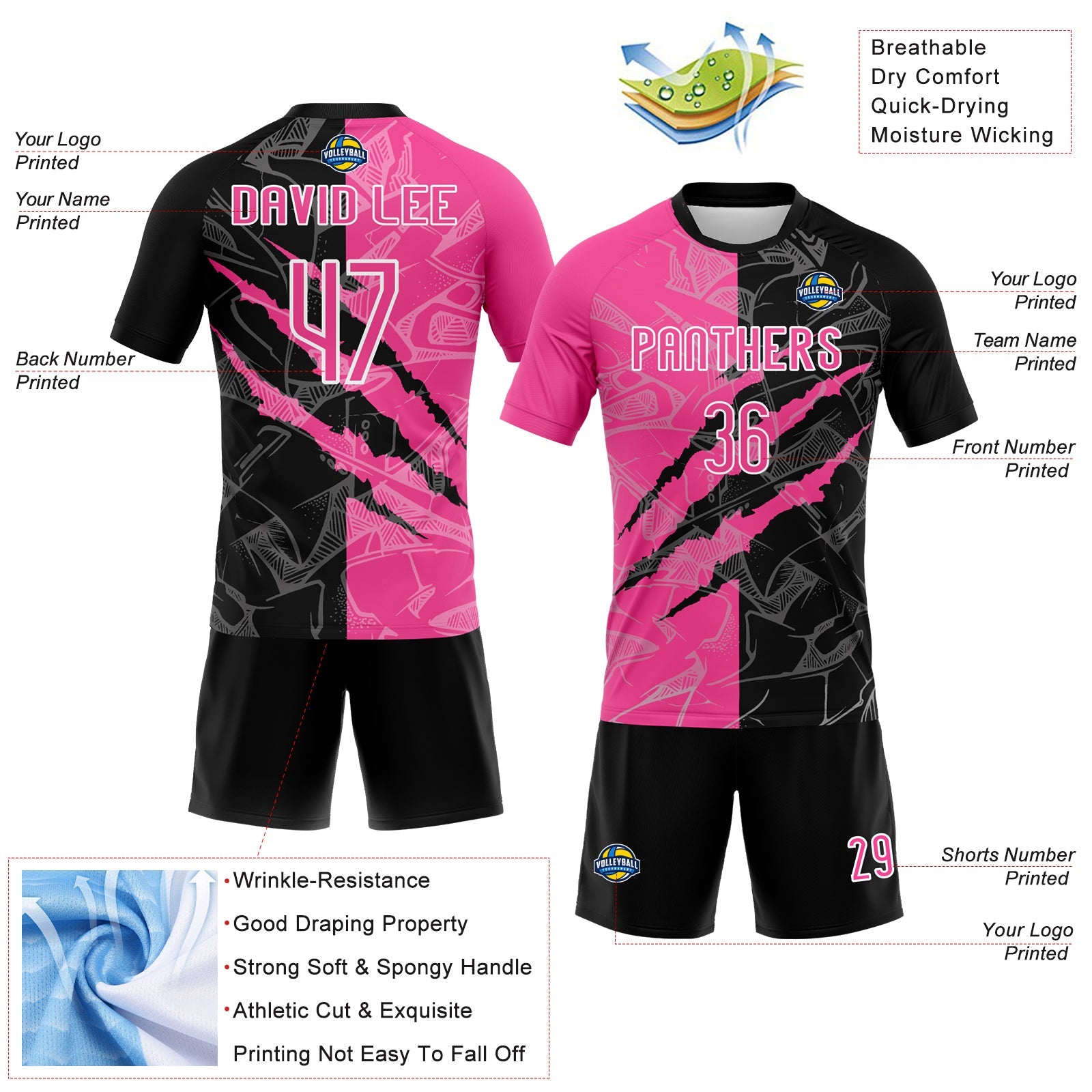 Custom Graffiti Pattern Pink-Black Scratch Sublimation Volleyball Uniform Jersey view 4