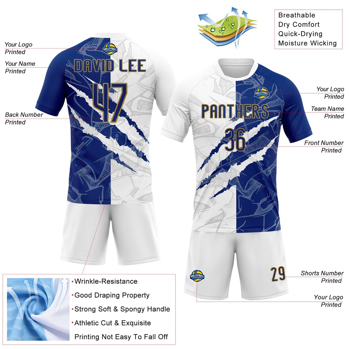 Custom Graffiti Pattern Royal-Old Gold Scratch Sublimation Volleyball Uniform Jersey view 4